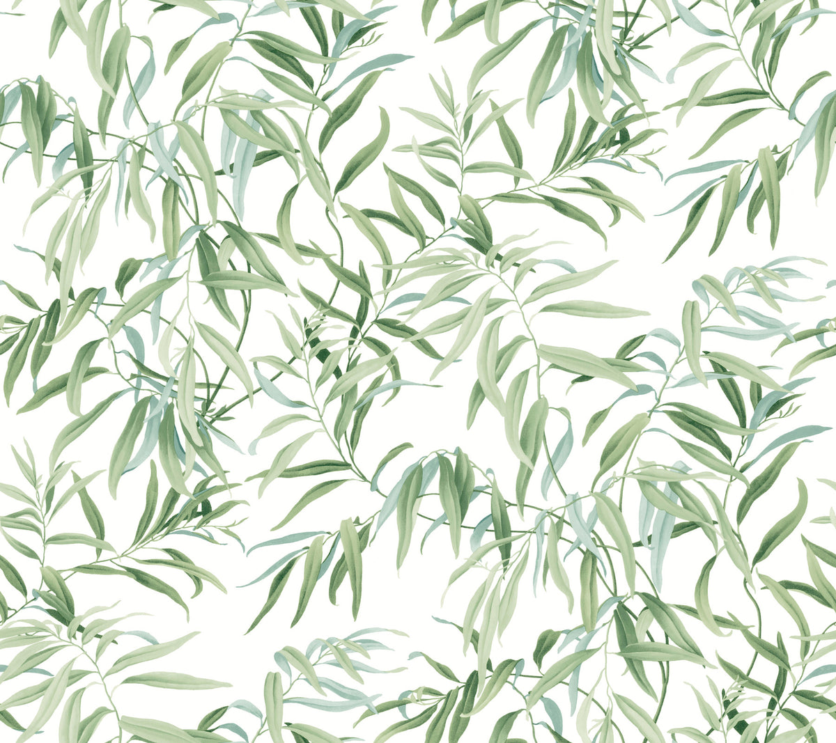 Introducing the Willow Grove Wallpaper by York Wallcoverings, featuring a seamless pattern of green leafy branches with delicate, watercolor-style leaves set against a crisp white background. This light, airy design is beautifully nature-inspired, perfect for creating a serene atmosphere in any space.