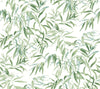 Willow Grove Wallpaper by York Wallcoverings showcases a seamless pattern of green watercolor eucalyptus leaves and branches set against a crisp white background. Overlapping foliage in multiple shades of green lends the design a fresh, natural aesthetic.
