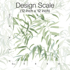 Willow Grove Wallpaper by York Wallcoverings features watercolor green leafy branches on a white background, with rulers along the left and bottom edges and “Design Scale (12 inch x 12 inch)” labeled at the top.