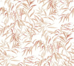 The Willow Grove Wallpaper by York Wallcoverings features beige and light brown leafy branches in a repeating botanical pattern on a white background, creating a soft, elegant, and natural atmosphere.