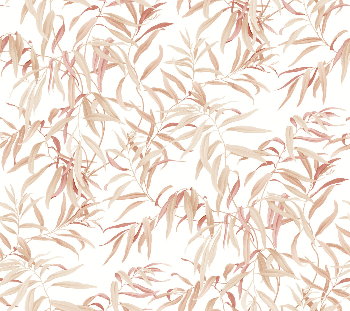 Willow Grove Wallpaper by York Wallcoverings features a seamless pattern of delicate, hand-drawn beige and light pink leaves and branches on a white background, creating a soft and elegant botanical design.