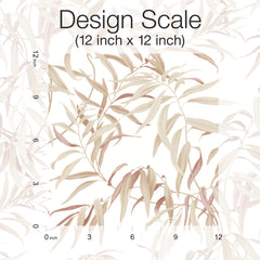 A 12x12 inch scale image of the Willow Grove Wallpaper by York Wallcoverings, featuring muted beige and pink leafy branches on a white background. Inch markers are along the left and bottom edges, with “Design Scale (12 inch x 12 inch)” written at the top.