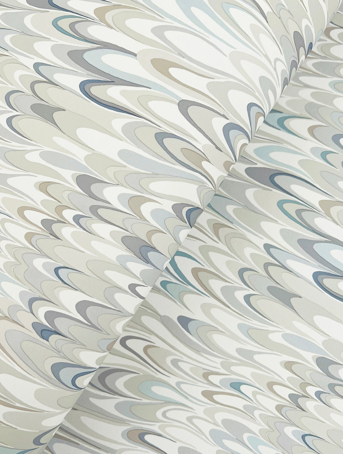 Ronald Redding Aslan Wallpaper featuring a repeating marbled pattern of overlapping teardrop shapes in shades of blue, grey, and taupe.