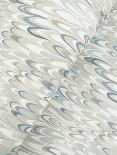 Ronald Redding Aslan Wallpaper featuring a repeating marbled pattern of overlapping teardrop shapes in shades of blue, grey, and taupe.