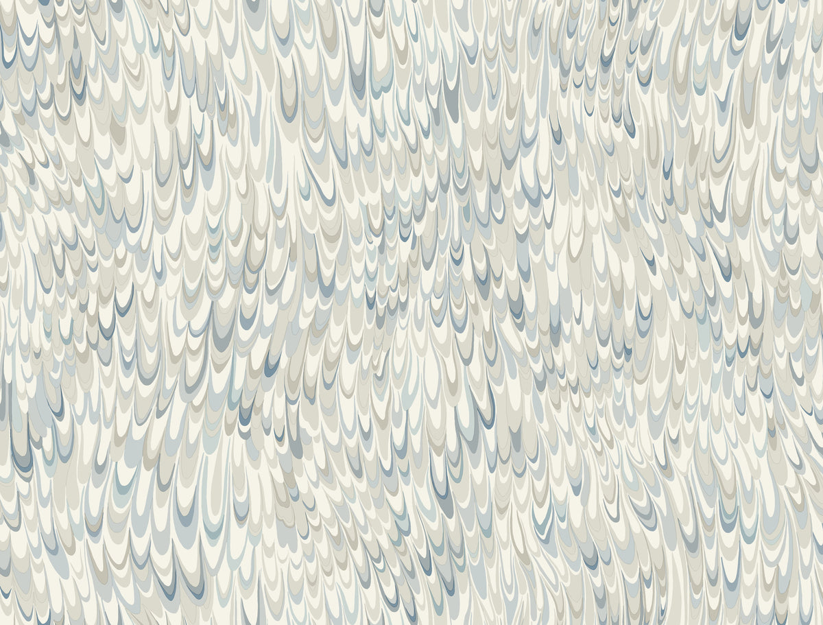 Ronald Redding Aslan Wallpaper featuring a repeating pattern of layered, U-shaped brushstrokes in shades of blue, gray, and cream.