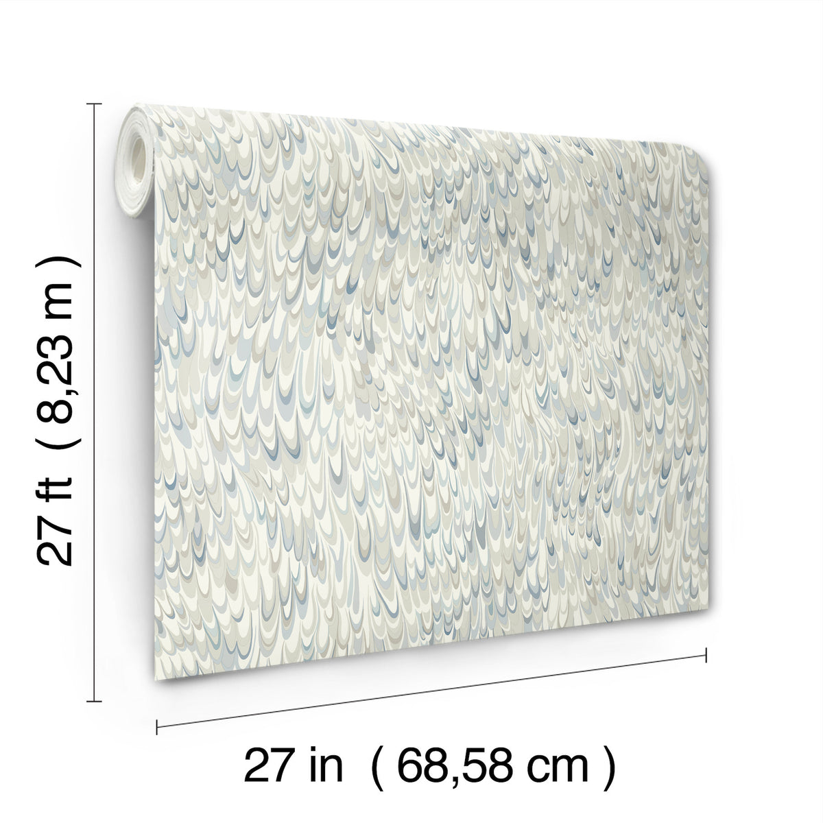 Ronald Redding Aslan Wallpaper featuring an overlapping, blue and beige scale-like pattern, measuring 27 inches wide by 27 feet long.
