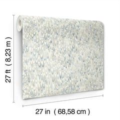 Ronald Redding Aslan Wallpaper featuring an overlapping, blue and beige scale-like pattern, measuring 27 inches wide by 27 feet long.