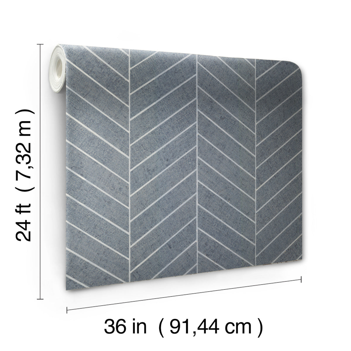 The York Wallcoverings Ronald Redding Atelier Herringbone Wallpaper features a blue-gray and white chevron pattern and comes in a roll measuring 24 feet (7.32 m) long by 36 inches (91.44 cm) wide.
