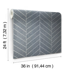 The York Wallcoverings Ronald Redding Atelier Herringbone Wallpaper features a blue-gray and white chevron pattern and comes in a roll measuring 24 feet (7.32 m) long by 36 inches (91.44 cm) wide.