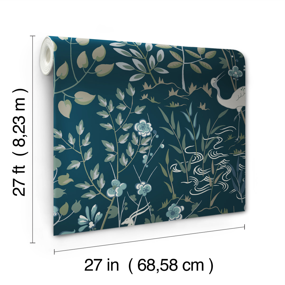 A roll of Ronald Redding Aspen Wallpaper featuring a teal background with a botanical pattern of stylized plants, flowers, and a crane, with dimension lines indicating a length of 27 feet and a width of 27 inches.