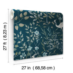 A roll of Ronald Redding Aspen Wallpaper featuring a teal background with a botanical pattern of stylized plants, flowers, and a crane, with dimension lines indicating a length of 27 feet and a width of 27 inches.