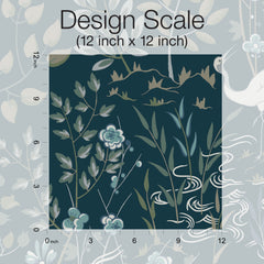 Ronald Redding Aspen Wallpaper featuring stylized floral, leaf, and bird motifs in shades of green and white against a dark teal background, shown with a twelve-inch square design scale overlay.