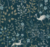 Ronald Redding Aspen Wallpaper in dark teal features a heron standing by a stream and a small deer, surrounded by stylized flowers and leafy branches.