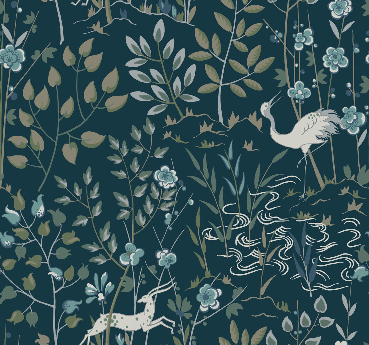 Ronald Redding Aspen Wallpaper in dark teal features a heron standing by a stream and a small deer, surrounded by stylized flowers and leafy branches.