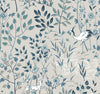 Ronald Redding Aspen Wallpaper features a light gray background with illustrations of cranes, spotted deer, and stylized trees and flowers in shades of blue and black.