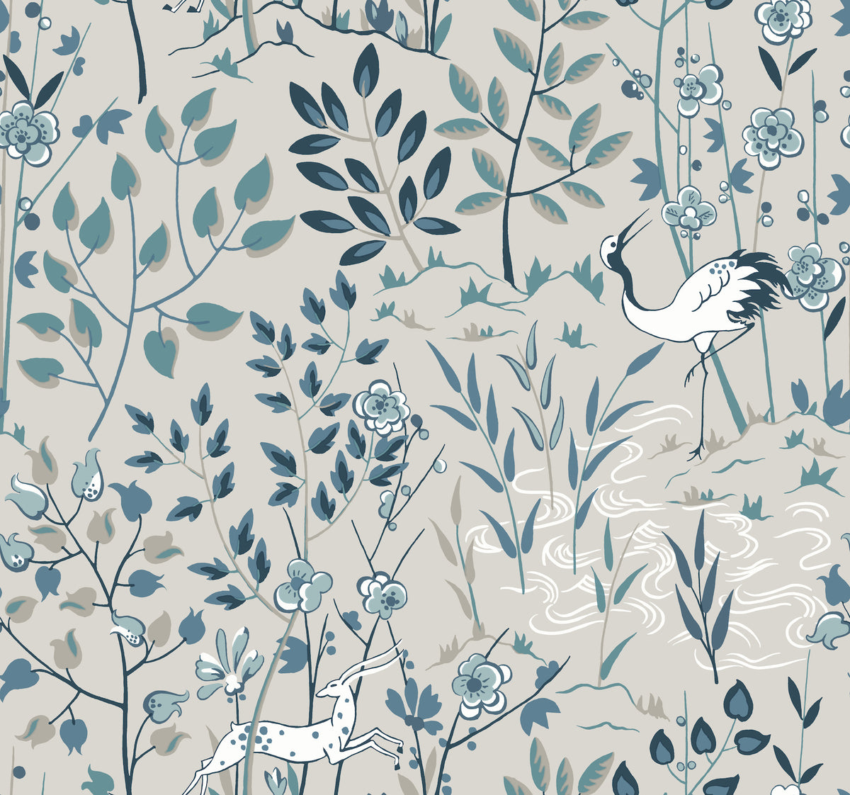 Ronald Redding Aspen Wallpaper features a light gray background with illustrations of cranes, spotted deer, and stylized trees and flowers in shades of blue and black.