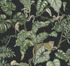 Ronald Redding Jungle Cat Wallpaper featuring a leopard, monkeys, and a snake amidst tropical foliage on a dark background.