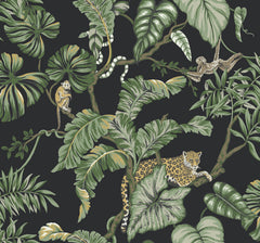 Ronald Redding Jungle Cat Wallpaper featuring a leopard, monkeys, and a snake amidst tropical foliage on a dark background.