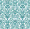 Ronald Redding Lotus Palm Wallpaper featuring a teal background with a repeating white botanical pattern of stylized lotus flowers and palm fronds.