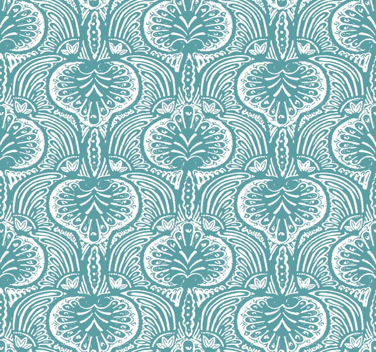 Ronald Redding Lotus Palm Wallpaper featuring a teal background with a repeating white botanical pattern of stylized lotus flowers and palm fronds.