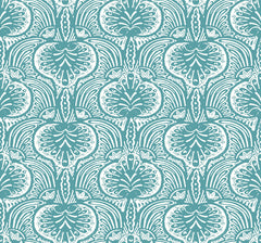 Ronald Redding Lotus Palm Wallpaper featuring a teal background with a repeating white botanical pattern of stylized lotus flowers and palm fronds.