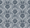 Ronald Redding Lotus Palm Wallpaper featuring a repeating dark blue design of white stylized lotus flowers and ornate leaves.