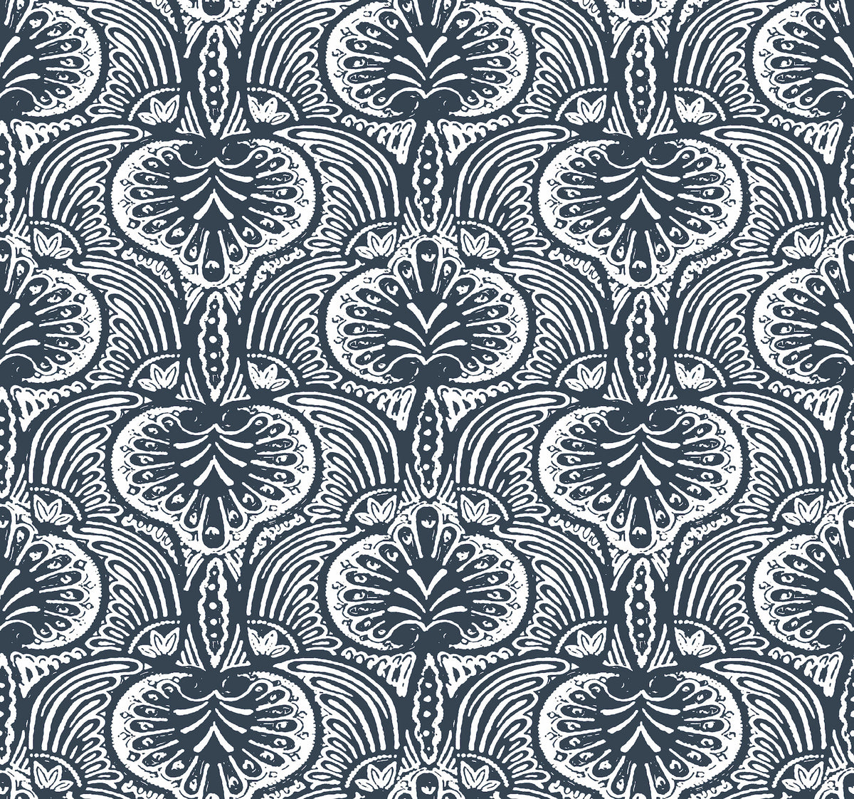 Ronald Redding Lotus Palm Wallpaper featuring a repeating dark blue design of white stylized lotus flowers and ornate leaves.