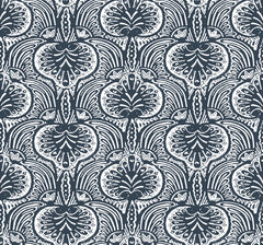 Ronald Redding Lotus Palm Wallpaper featuring a repeating dark blue design of white stylized lotus flowers and ornate leaves.