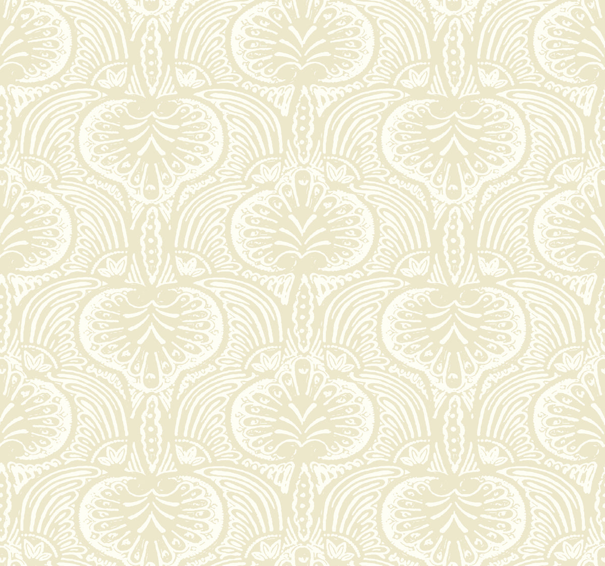Ronald Redding Lotus Palm Wallpaper featuring a cream-colored, repeating decorative pattern of stylized lotus flowers and arched leaves.