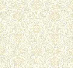 Ronald Redding Lotus Palm Wallpaper featuring a cream-colored, repeating decorative pattern of stylized lotus flowers and arched leaves.