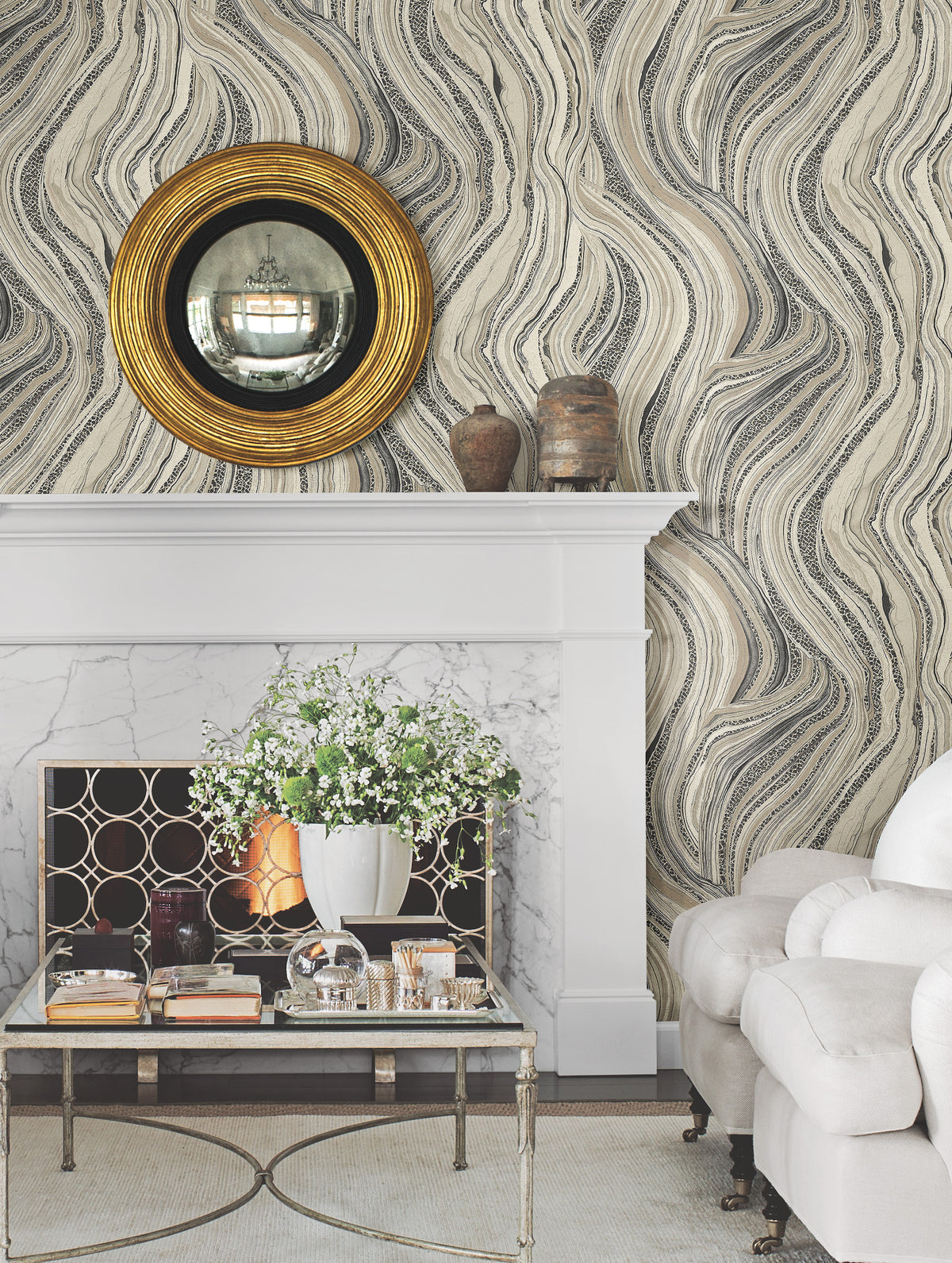 Ronald Redding Streaming Cheetah wallpaper featuring a pattern of undulating, flowing lines filled with small black-and-white leopard spots on a light background.