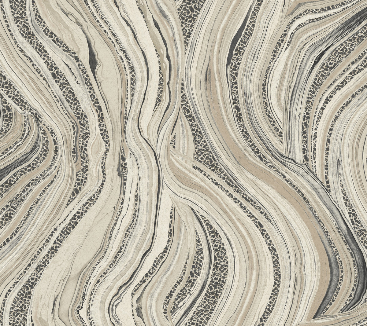 Ronald Redding Streaming Cheetah Wallpaper with a swirling, marbled pattern of beige, grey, and black stripes interspersed with spotted animal print textures.
