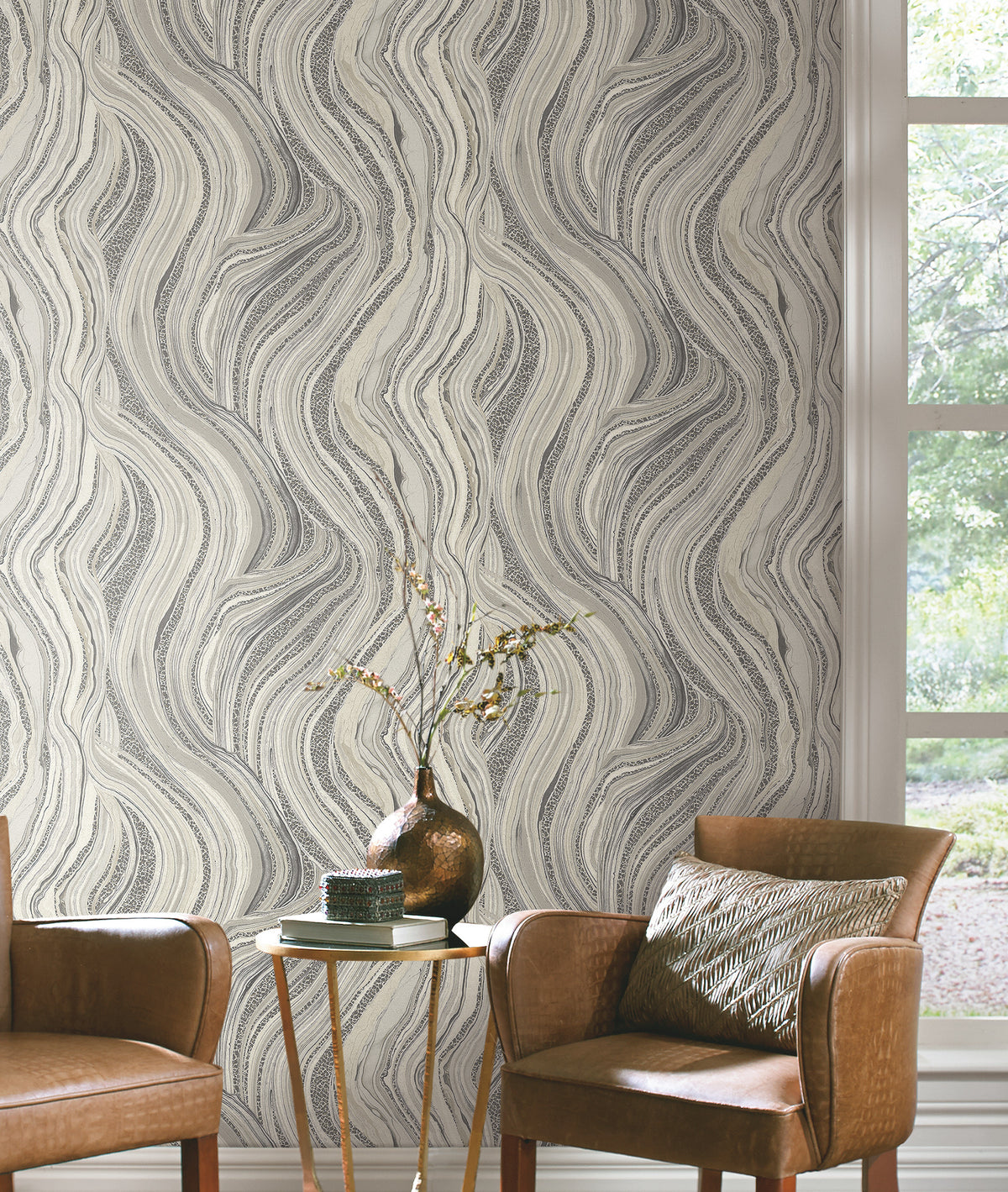 Ronald Redding Streaming Cheetah Wallpaper featuring a wavy, marbled pattern of flowing lines and stippled texture in shades of cream, grey, and black.