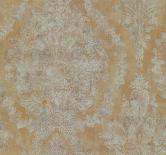 Ronald Redding Charleston Damask Wallpaper featuring a distressed, faded damask floral pattern in light tan over a golden-brown background.