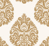 Ronald Redding Teardrop Damask Wallpaper featuring large gold teardrop-shaped damask motifs with ornate floral and leaf details on a cream background.