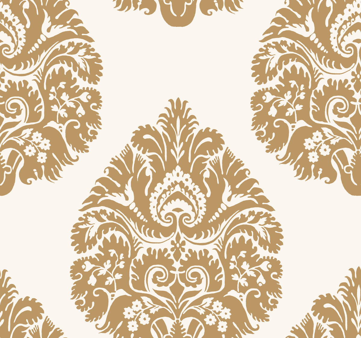 Ronald Redding Teardrop Damask Wallpaper featuring large gold teardrop-shaped damask motifs with ornate floral and leaf details on a cream background.