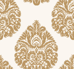 Ronald Redding Teardrop Damask Wallpaper featuring large gold teardrop-shaped damask motifs with ornate floral and leaf details on a cream background.