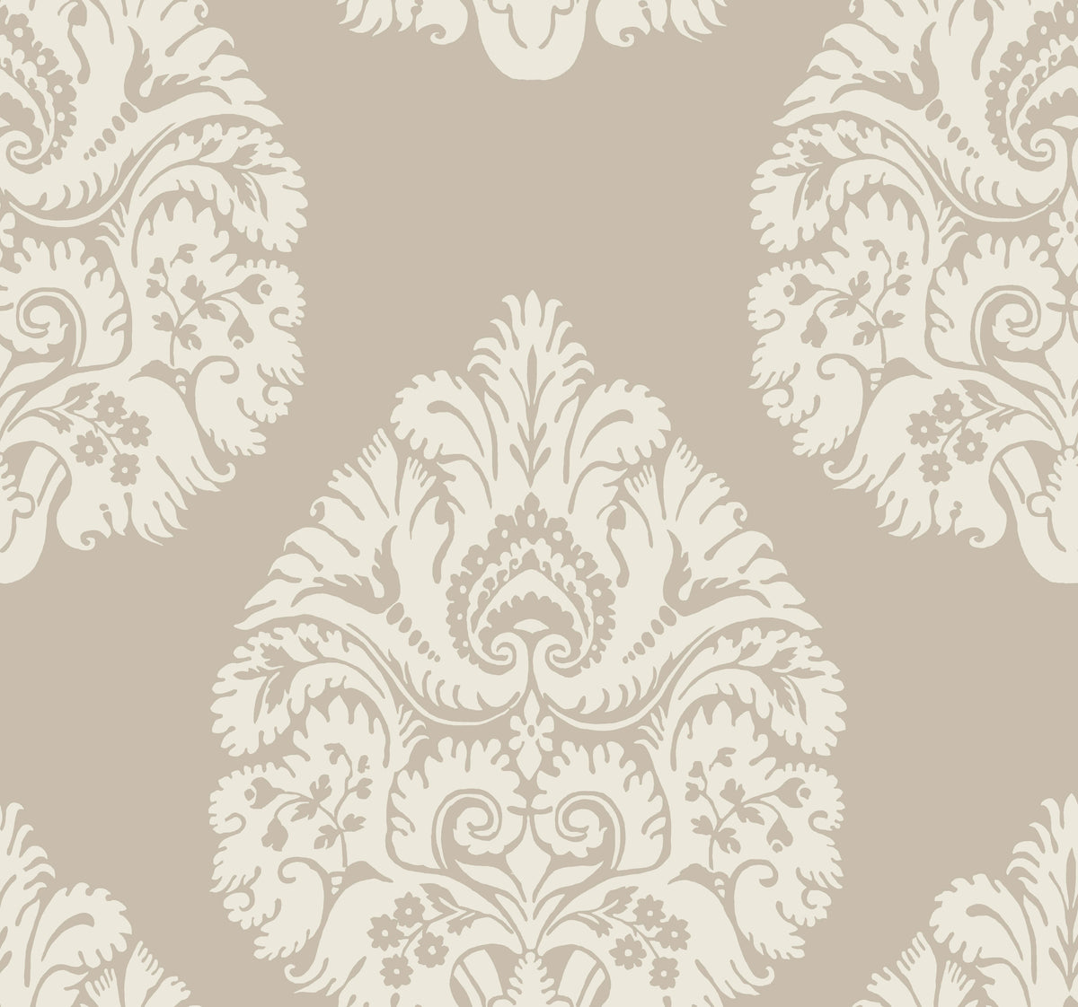 Ronald Redding Teardrop Damask Wallpaper featuring a light beige background with a repeating cream-colored teardrop damask pattern.