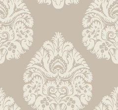 Ronald Redding Teardrop Damask Wallpaper featuring a light beige background with a repeating cream-colored teardrop damask pattern.