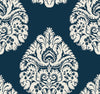 Ronald Redding Teardrop Damask Wallpaper featuring a repeating damask pattern of off-white teardrop-shaped floral motifs on a dark blue background.