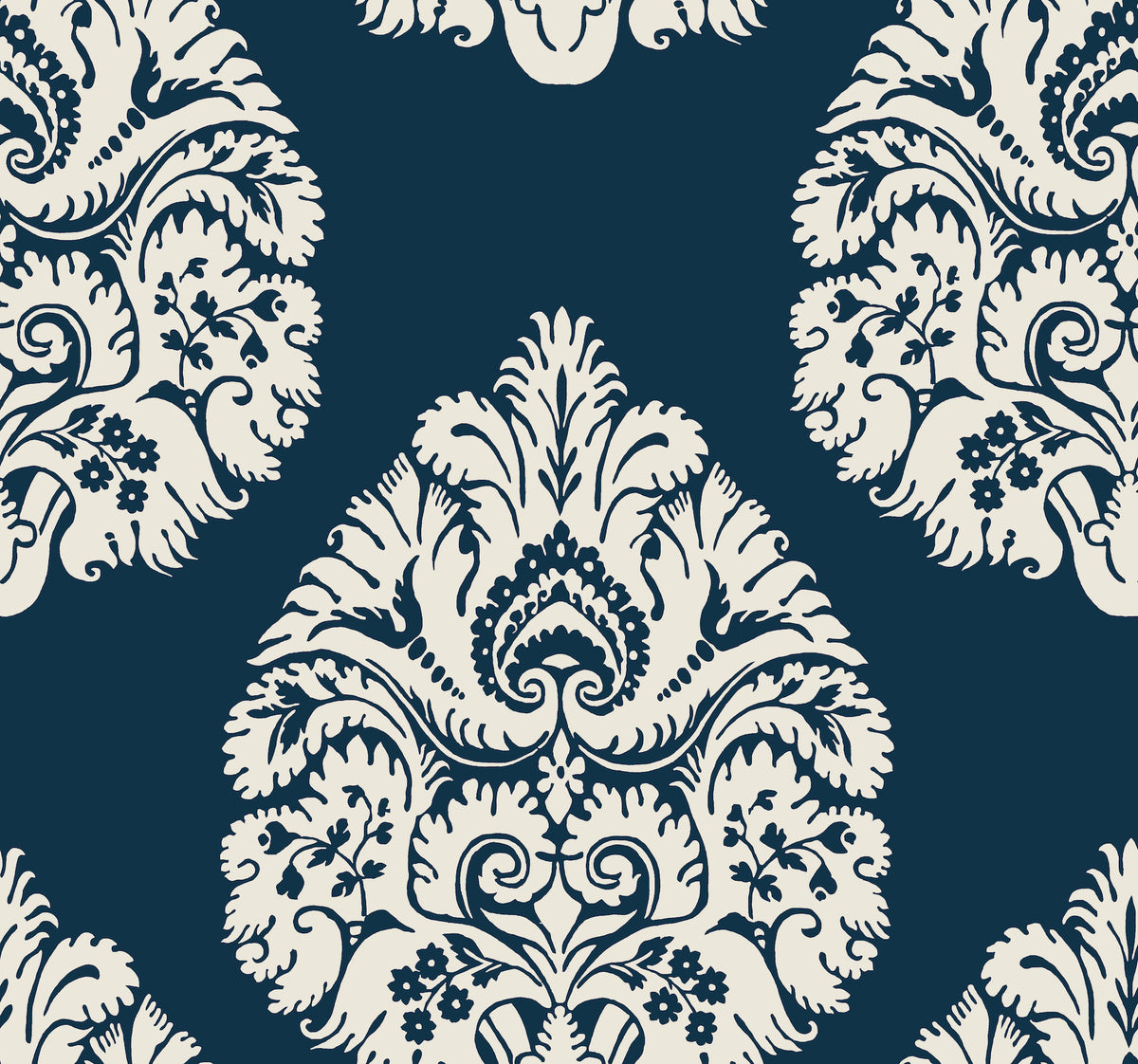 Ronald Redding Teardrop Damask Wallpaper featuring a repeating damask pattern of off-white teardrop-shaped floral motifs on a dark blue background.