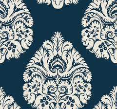 Ronald Redding Teardrop Damask Wallpaper featuring a repeating damask pattern of off-white teardrop-shaped floral motifs on a dark blue background.