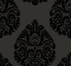 Ronald Redding Teardrop Damask Wallpaper featuring a black repeating teardrop-shaped floral pattern on a dark gray background.