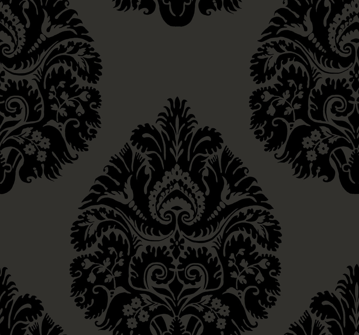 Ronald Redding Teardrop Damask Wallpaper featuring a black repeating teardrop-shaped floral pattern on a dark gray background.