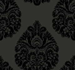 Ronald Redding Teardrop Damask Wallpaper featuring a black repeating teardrop-shaped floral pattern on a dark gray background.