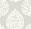 Ronald Redding Teardrop Damask Wallpaper featuring a repeating off-white teardrop-shaped damask pattern on a pale gray background.