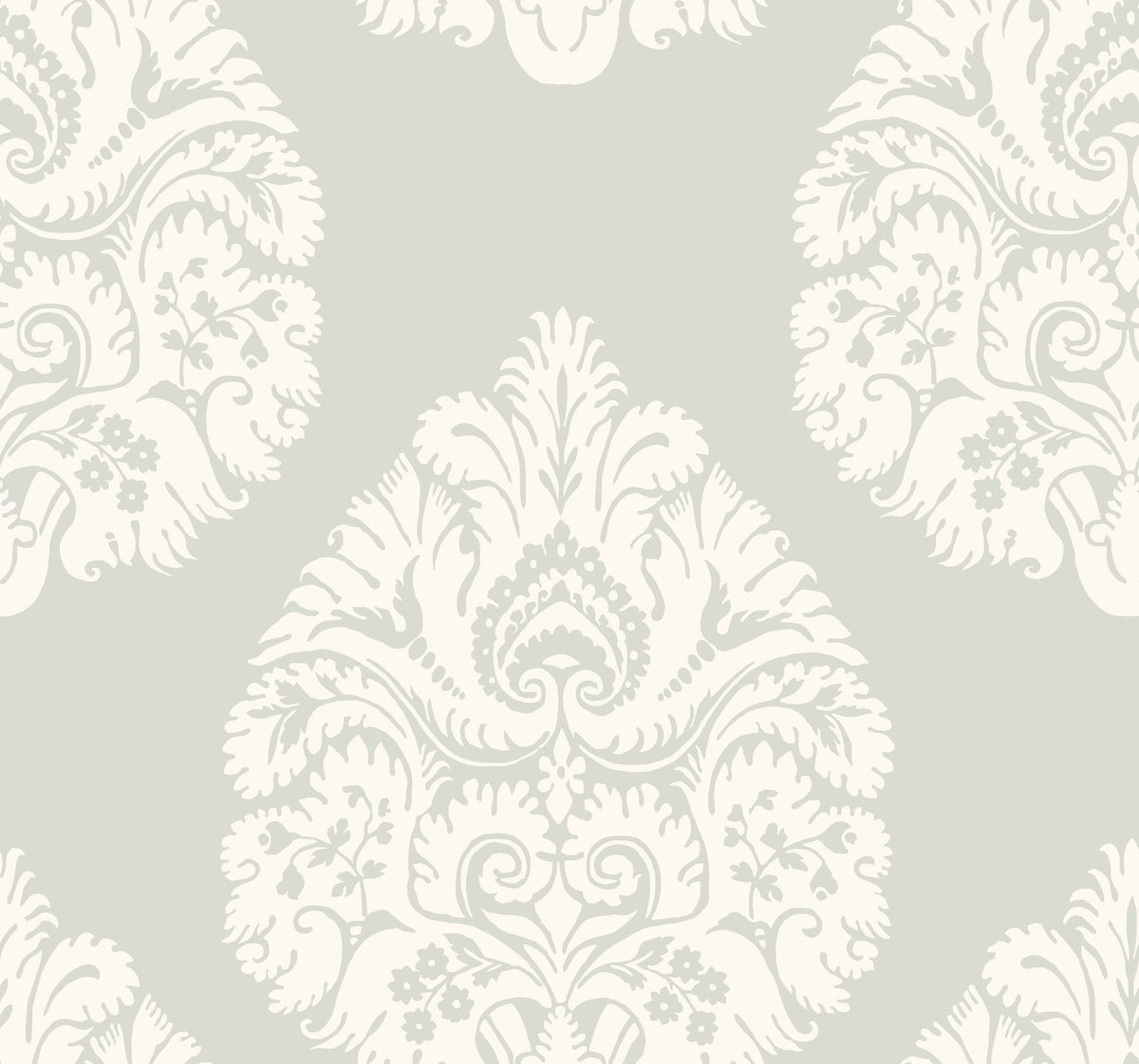 Ronald Redding Teardrop Damask Wallpaper featuring a repeating off-white teardrop-shaped damask pattern on a pale gray background.