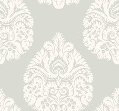 Ronald Redding Teardrop Damask Wallpaper featuring a repeating off-white teardrop-shaped damask pattern on a pale gray background.