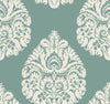 Ronald Redding Teardrop Damask Wallpaper featuring a repeating cream-colored teardrop damask pattern on a sage green background.
