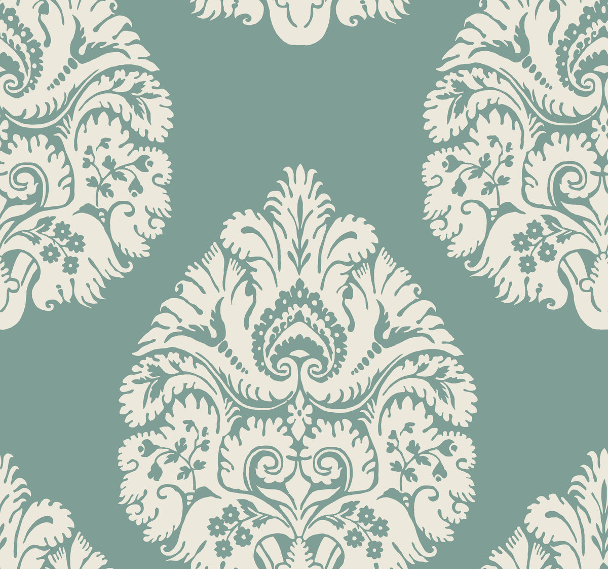 Ronald Redding Teardrop Damask Wallpaper featuring a repeating cream-colored teardrop damask pattern on a sage green background.